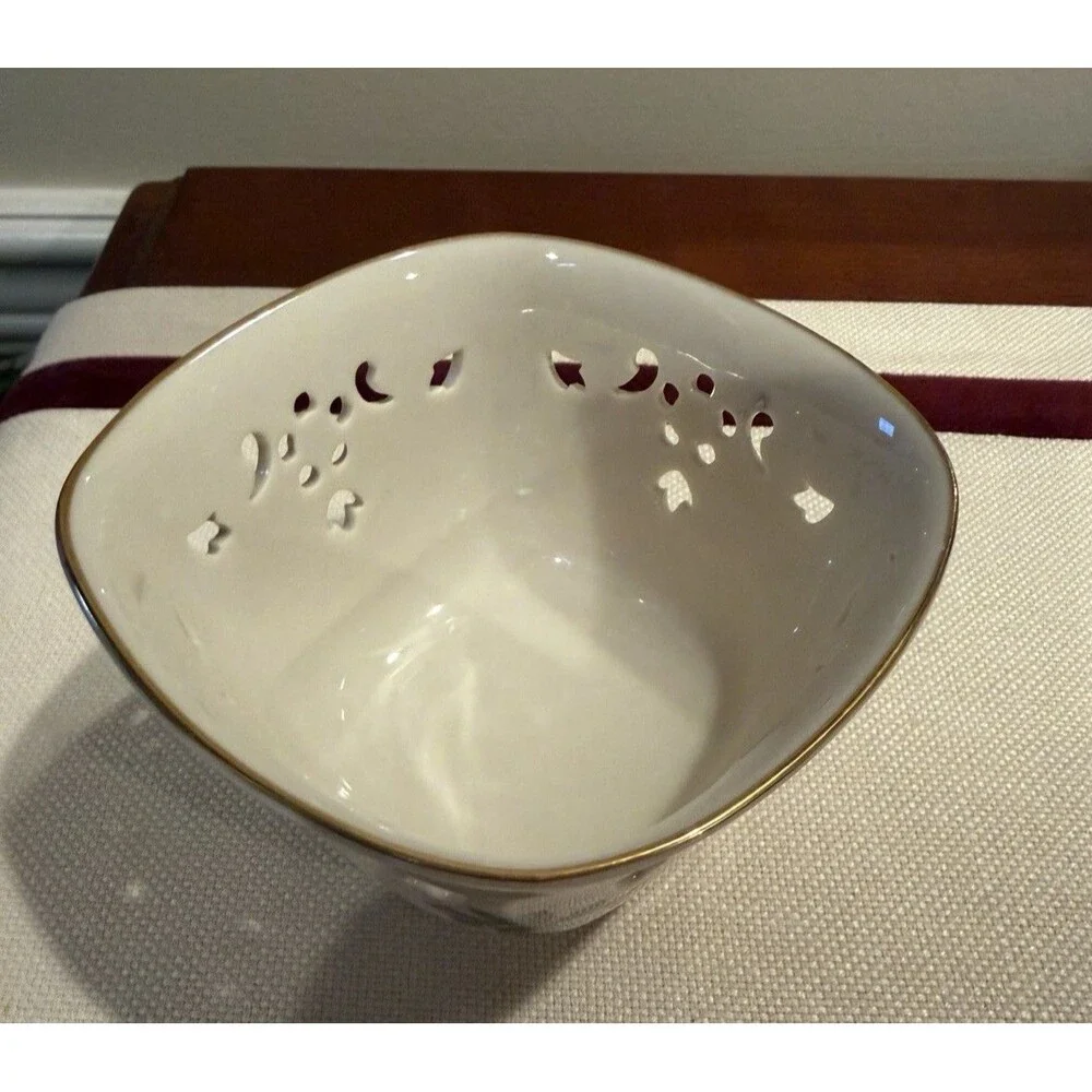 Lenox Holiday Pierced Bowl Classic Holly and Berry Motif with Gold Trim USA